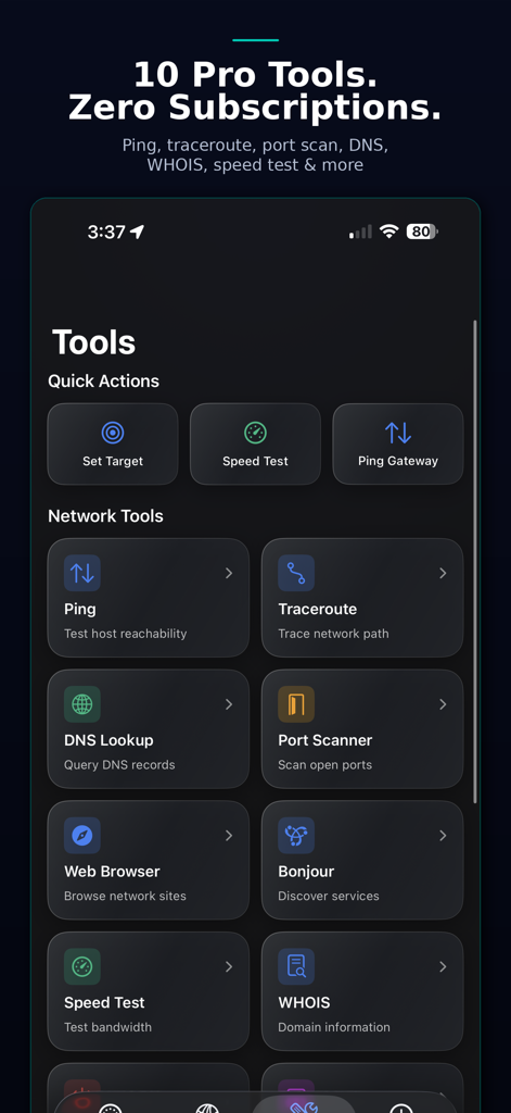 Dashboard of NetMonitor Mobile showing professional network tools including Ping Traceroute and Port Scanner