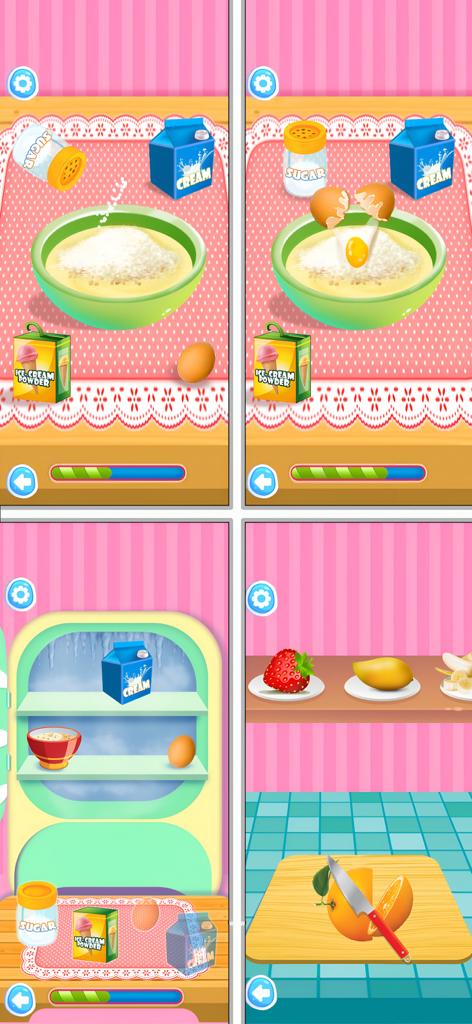 Ice Cream Maker | Cooking Game - Pantallas de juego que muestran el proceso paso a paso de mezclar ingredientes y cortar frutas en una cocina virtual