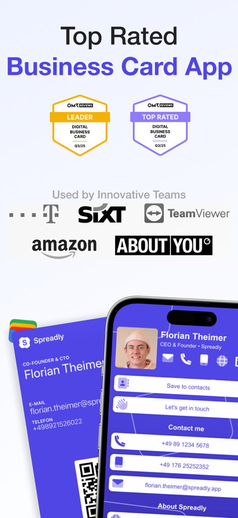 Spreadly Digital Business Card - Smartphone screen showing the Spreadly digital business card app with top rated badges and corporate logos