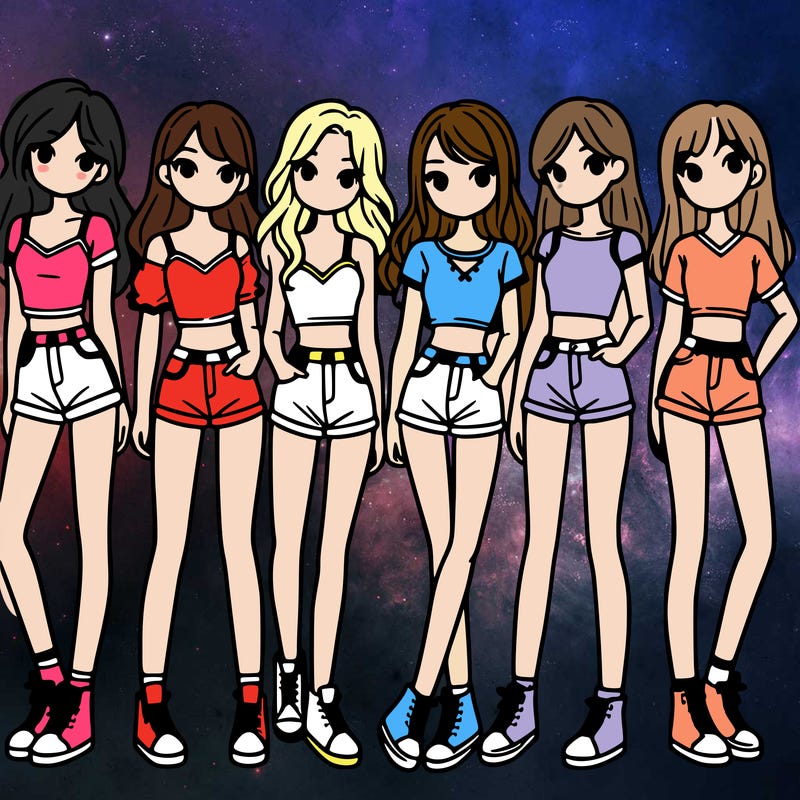 a group of girls wearing crop tops and shorts