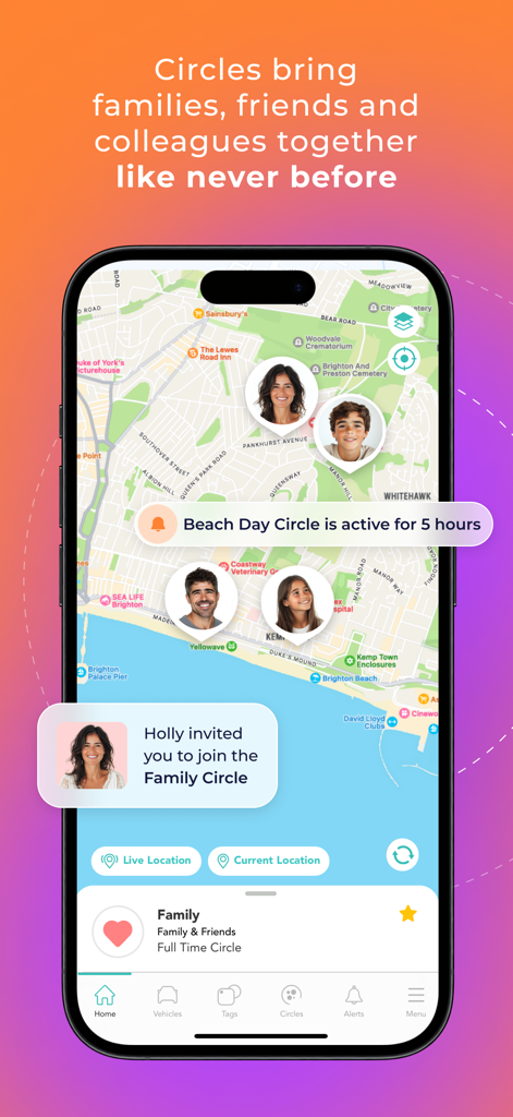 Letstrack - Family App - Letstrack mobile app interface showing real-time location tracking for family and friends on a map through the Circles feature.