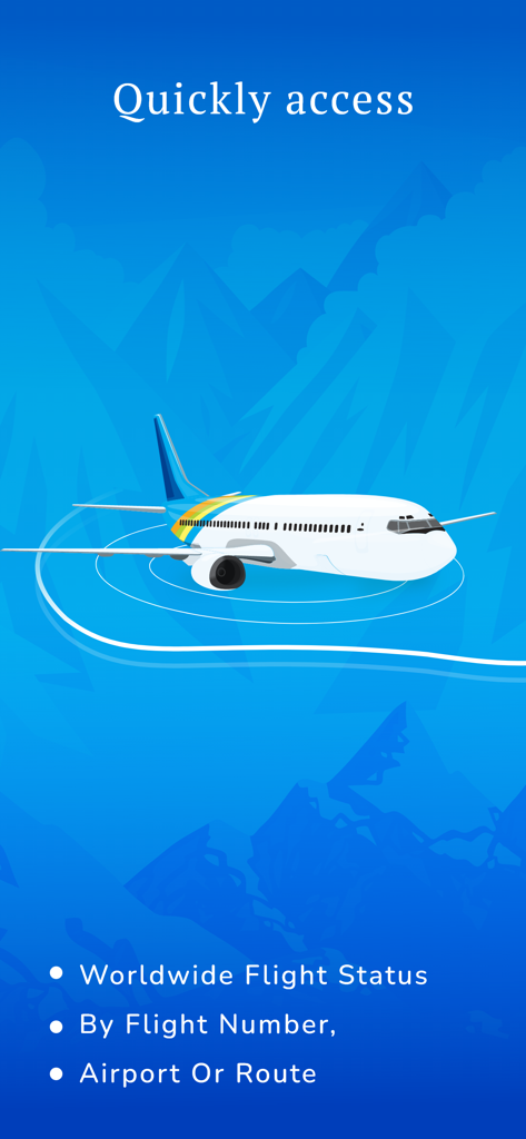 フライト番号、空港、またはルートによる世界中のフライトステータストラッキングの機能説明テキストが付いた飛行機のイラスト