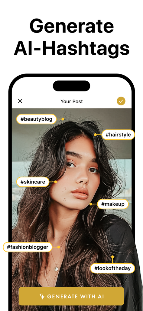 Layout for Instagram・Inpreview - Interface showing AI hashtag generation for social media posts with tags like skincare and makeup.