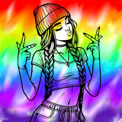 realistic teenage girl with braids and a beanie and crop top doing 🫶🏼