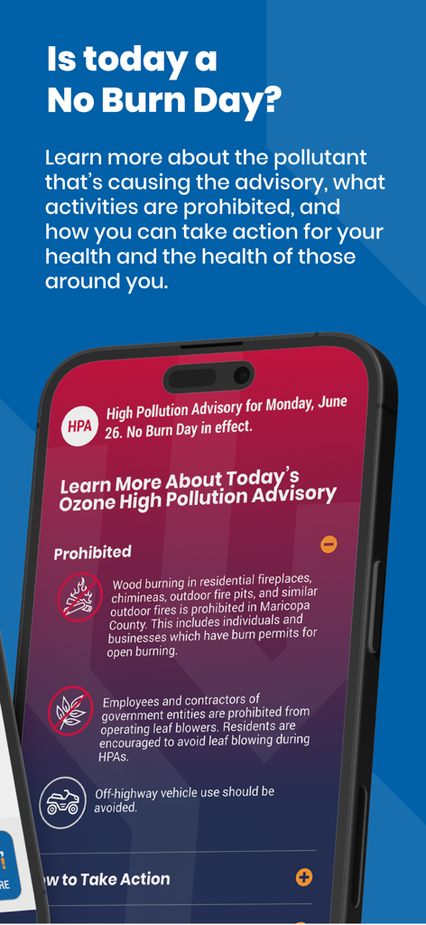 Maricopa County Clean Air app interface showing a High Pollution Advisory and prohibited activities for a No Burn Day