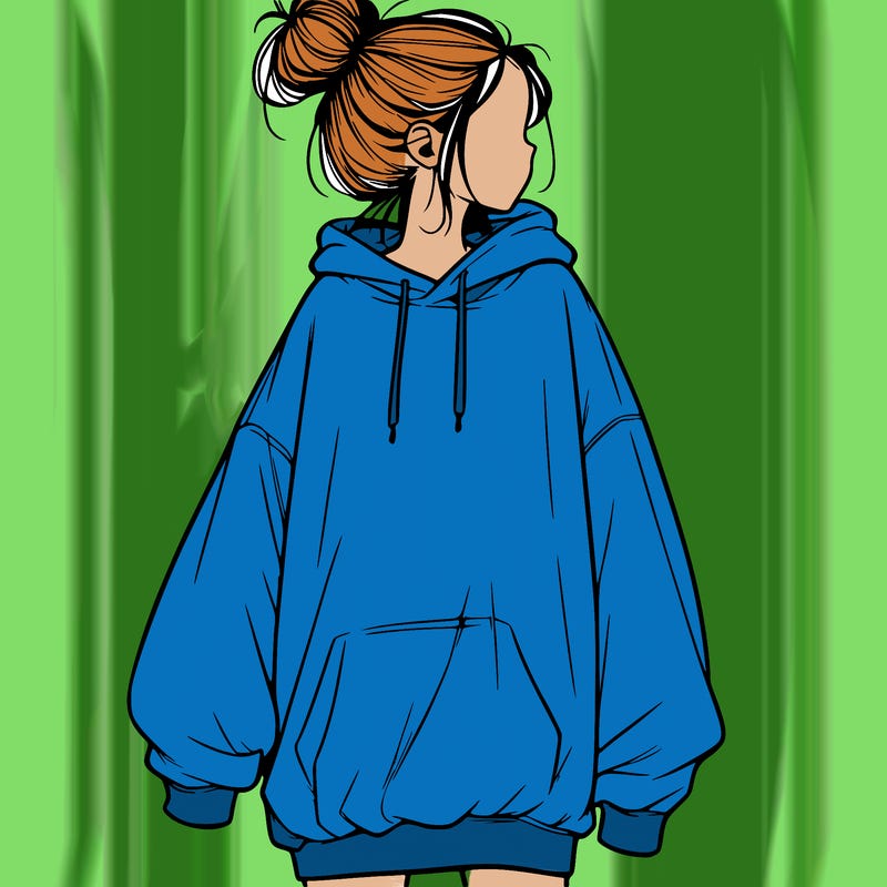 realistic girl with a oversized sweatshirt on and a bun