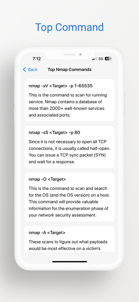 Nmap Guide - A mobile screen showing a list of top Nmap commands and their descriptions for network exploration