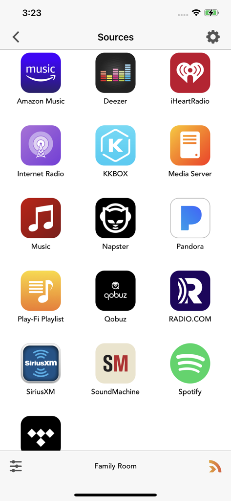 Une sélection d'icônes de services de streaming musical dans l'application Play-Fi, y compris Spotify, Amazon Music et Tidal