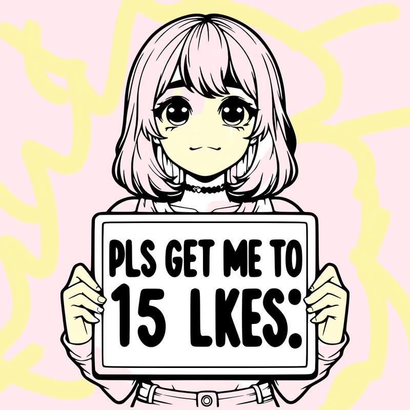 realistic girl holding up a sign that says “pls get me to 15 likes!”