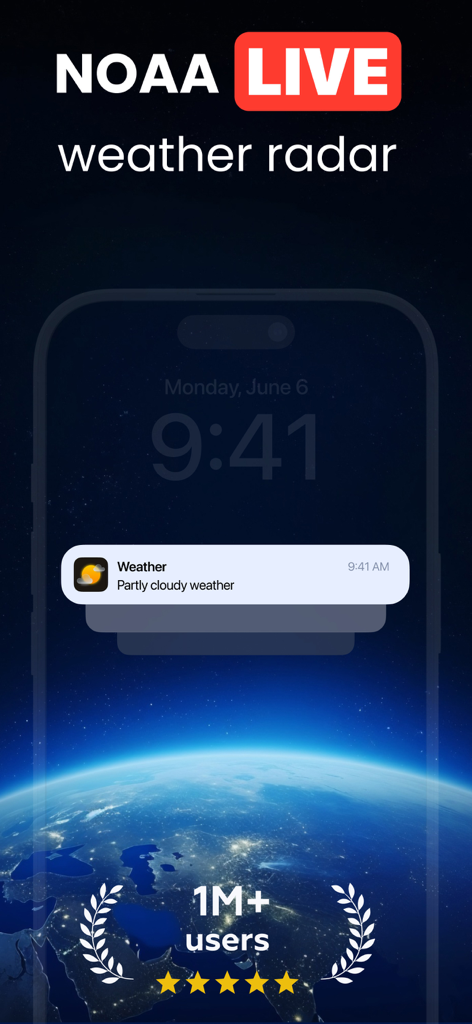 NOAA Weather Radar Forecast - NOAAライブ天気予報レーダーアプリが、地球の背景とともにロック画面の通知を表示