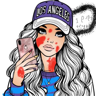 realistic beautiful girl wearing los ángeles cap holding an iphone