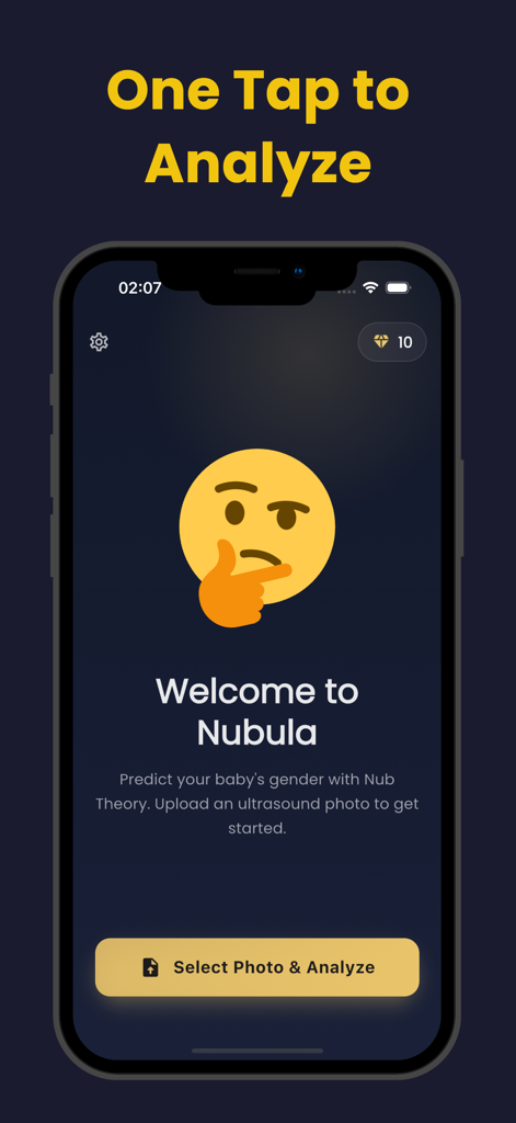 Nubula baby gender predictor app home screen with an option to select a photo and analyze an ultrasound