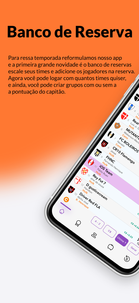Parciais FC Cartolando - A mobile screenshot of the Parciais FC Cartolando app showing the reserve bench feature and fantasy team rankings.