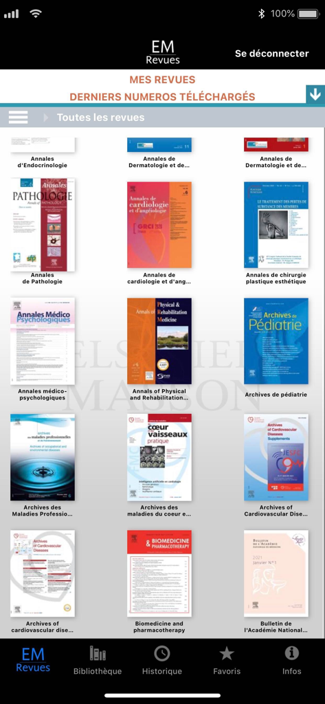 Interface of the EM Revues app showing a grid of various medical journals and scientific publications