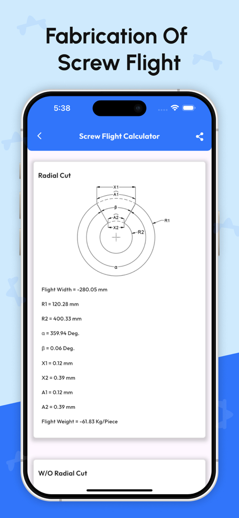 Diagrama técnico y salidas de medición para un corte radial en la aplicación Calculadora de Hélice de Tornillo