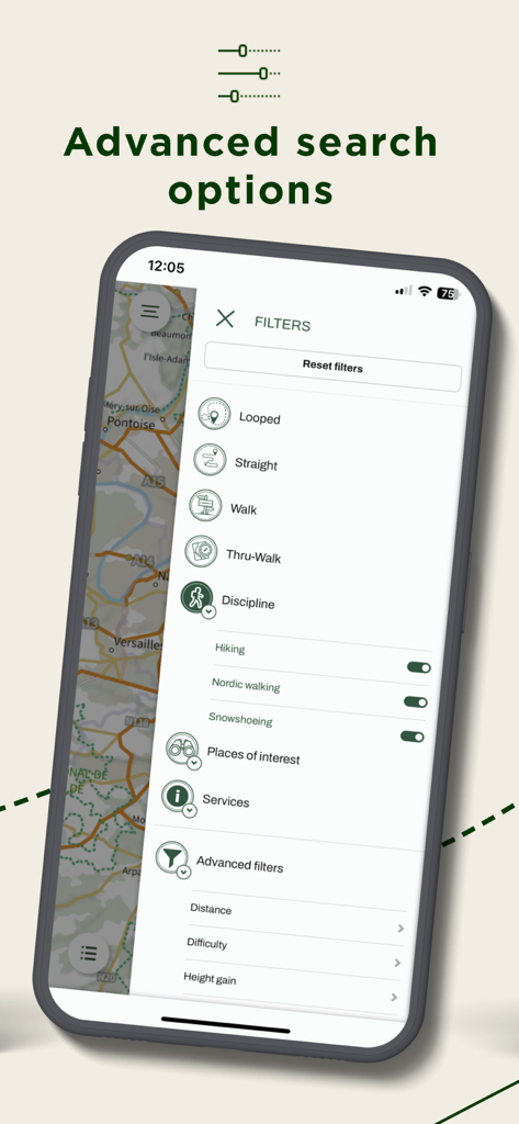 Screenshot of the MaRando app showing advanced search filters for hiking trails including trail types and disciplines