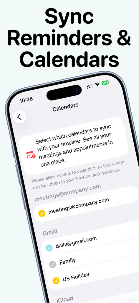 Tempus app interface showing the calendar and reminder synchronization screen on an iPhone
