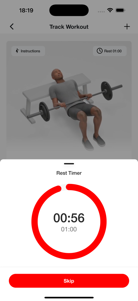ACTIV FITNESS - Rest timer and exercise illustration on the Activ Fitness mobile app tracking screen