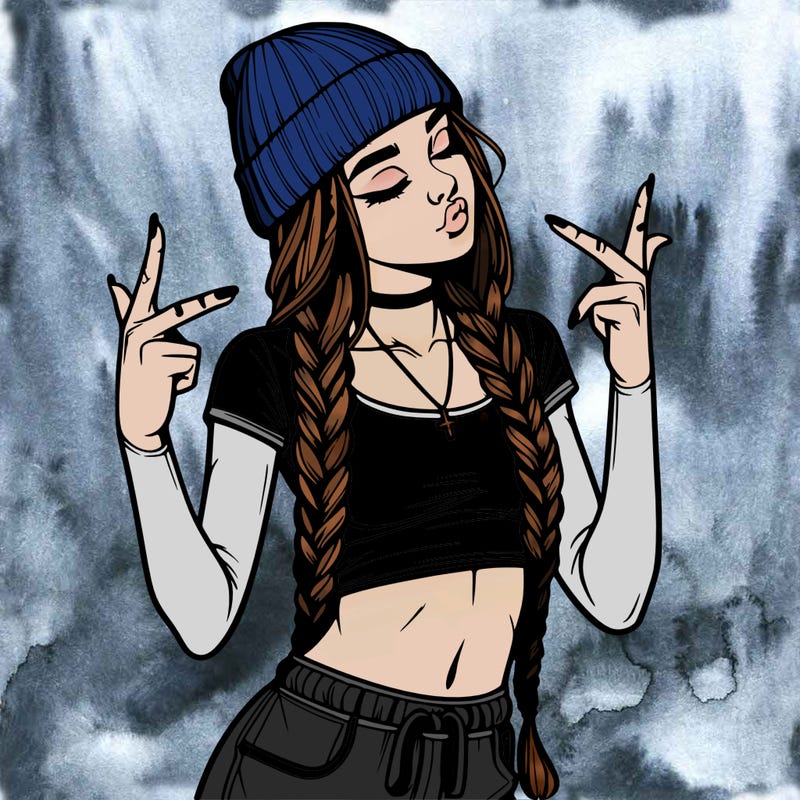 realistic teenage girl with braids and a beanie and crop top doing 🫶🏼