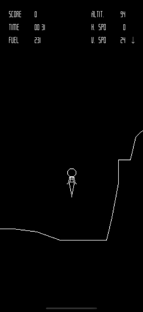 LunarLander! - Gameplay screenshot of LunarLander showing the module descending towards a lunar surface with retro vector graphics