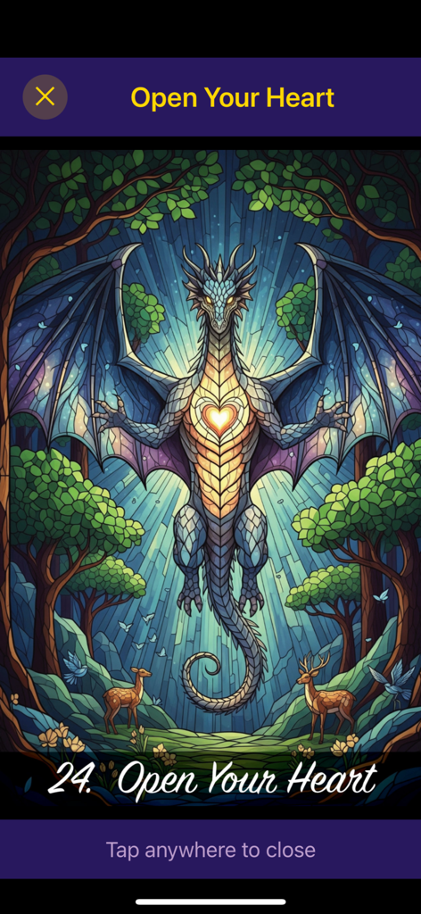 Golden Dragon Oracle Deck - Una carta de oráculo digital del Golden Dragon Deck que representa a un majestuoso dragón con un corazón brillante en un bosque encantado con ciervos.