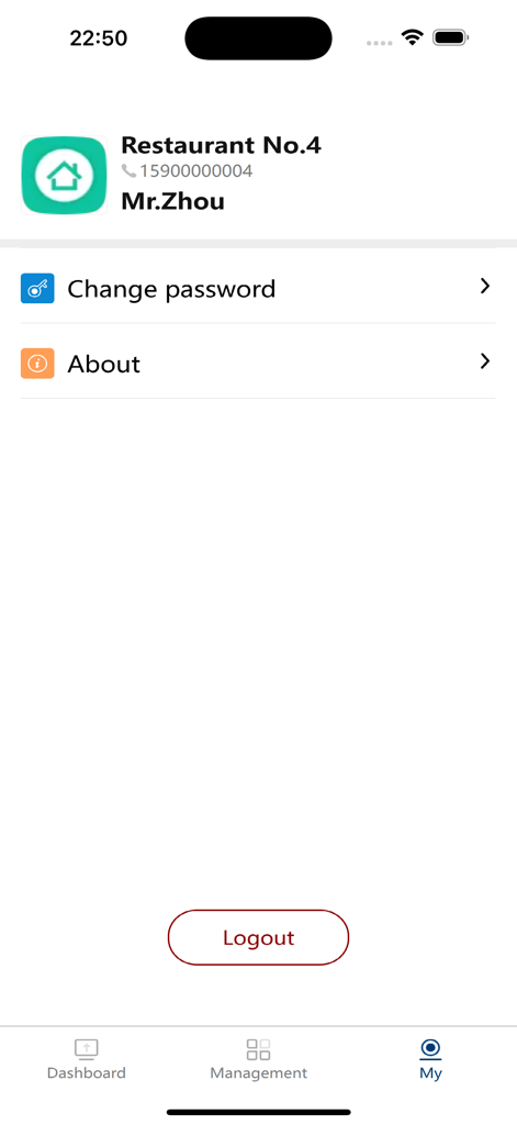 TK Boss app user account settings screen showing restaurant profile information and a logout button