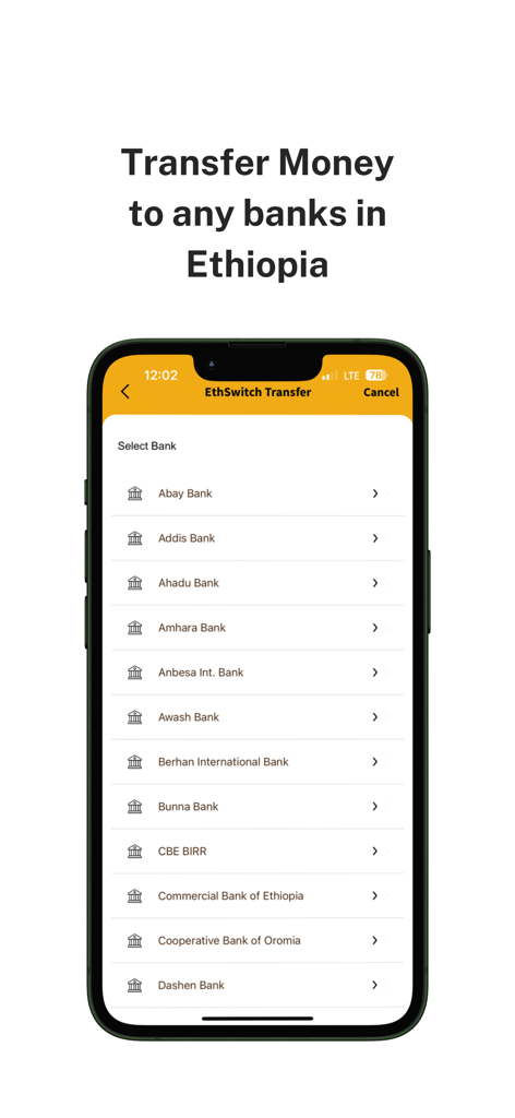 BoAMobile - Interfaz de la aplicación BoAMobile para transferir dinero a varios bancos etíopes usando EthSwitch.