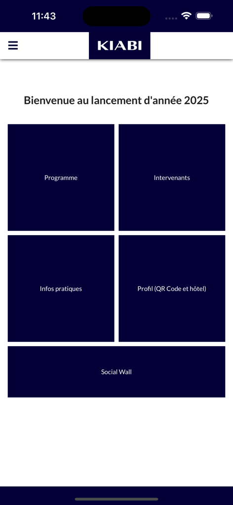 KIABI Events - Home screen of the KIABI Events mobile app featuring navigation tiles for program speakers and practical information