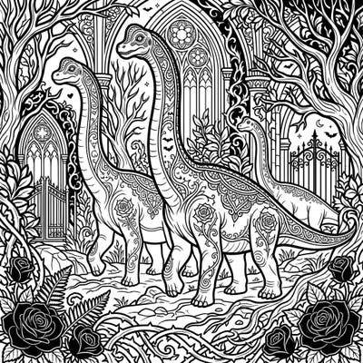 Explore the majestic union of ancient giants and dark romance with this captivating Gothic Brachiosaurus Herd coloring page. Perfect for those who love unique fantasy art, it offers a dramatic and intricately detailed scene ready for your artistic touch.
