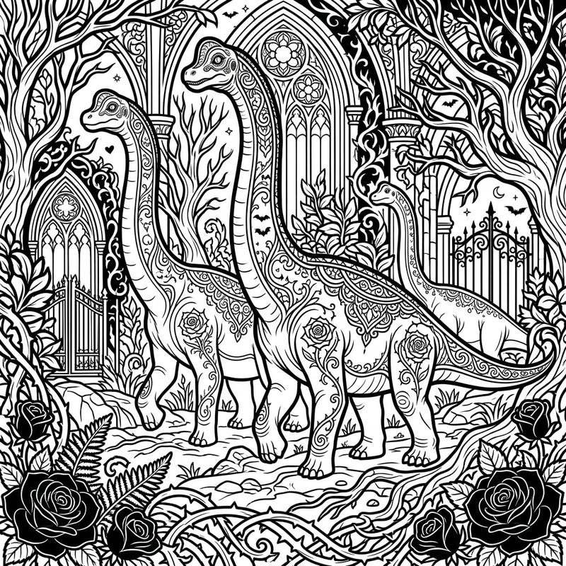 Explore the majestic union of ancient giants and dark romance with this captivating Gothic Brachiosaurus Herd coloring page. Perfect for those who love unique fantasy art, it offers a dramatic and intricately detailed scene ready for your artistic touch.