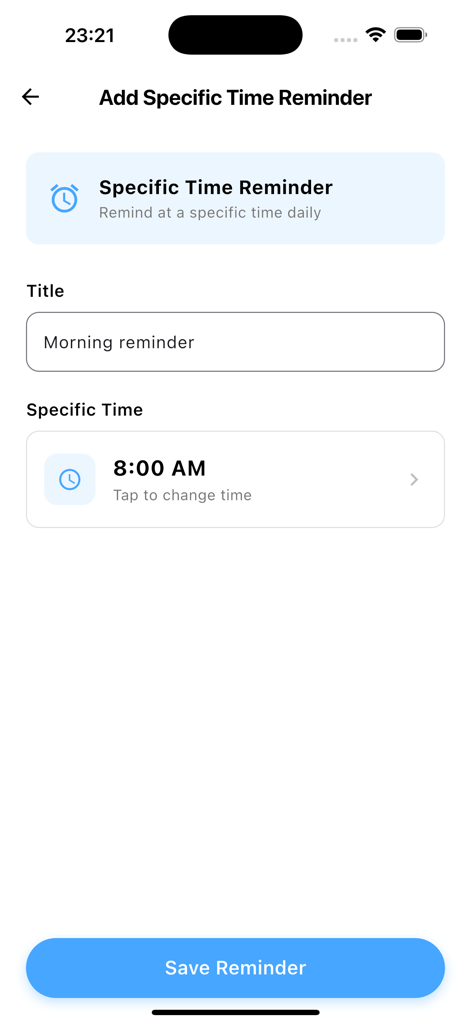 Waterry - Water Reminder - Interfaz para agregar un recordatorio de agua diario configurado a las 8:00 AM titulado Recordatorio matutino en la aplicación Waterry.
