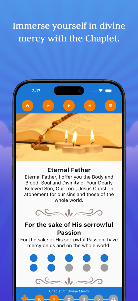 Interface of the Holy Rosary app displaying the Chaplet of Divine Mercy prayer with guided text and religious imagery.