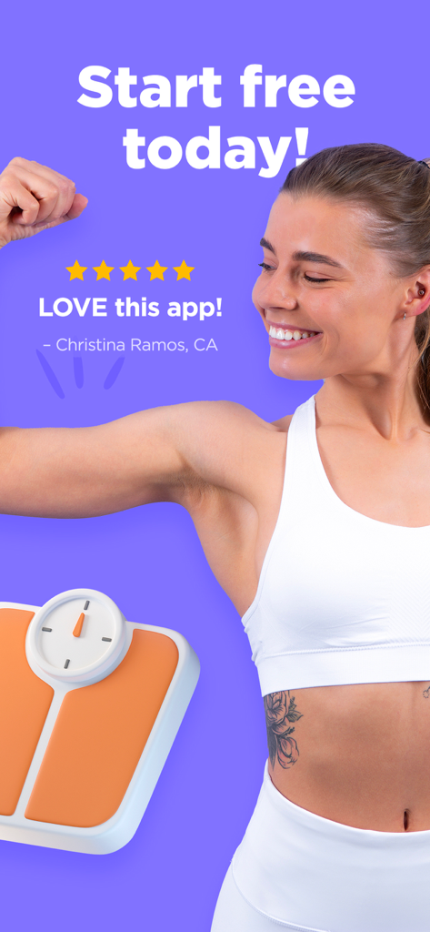 A smiling woman flexing her arm next to a five star user testimonial for the Workout Builder app