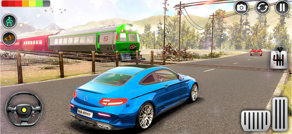 Car Driving School: Drive Test - A blue car approaching a train track crossing in a driving school simulation game.