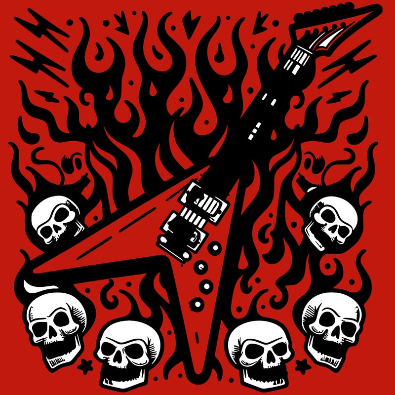 epic flying v electric guitar with flames surrounded by skulls