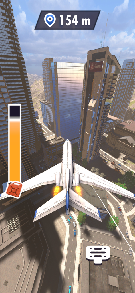A white airplane flying between skyscrapers in a city in the Airplane Crash Madness game.