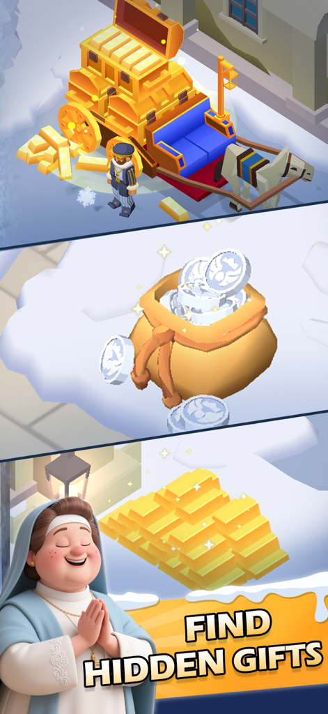 Idle Nuns Tycoon - Freira alegre rezando ao lado de pilhas de barras de ouro e uma carruagem de tesouro em um mosteiro nevado