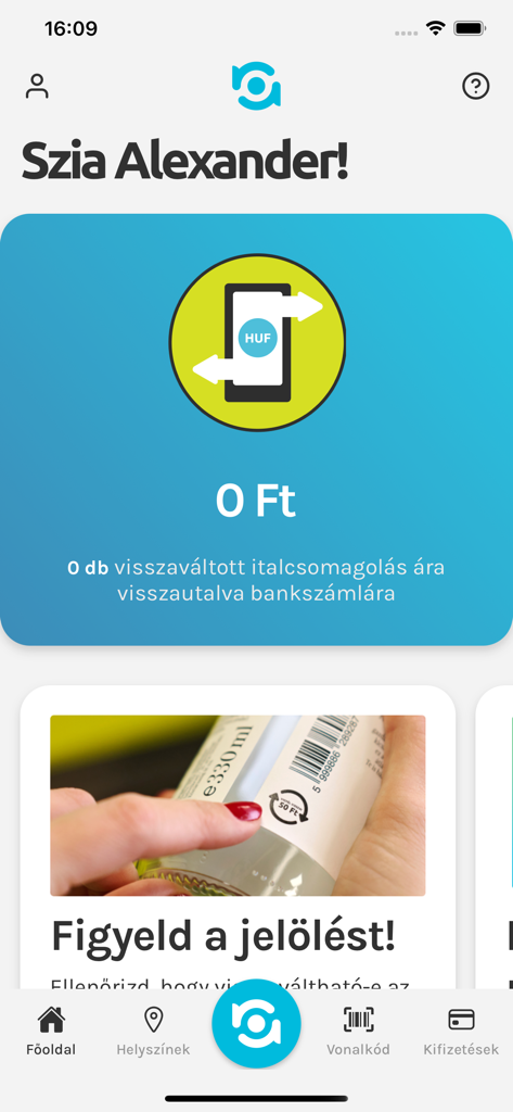 REpont - Schermata principale dell'app mobile REpont che mostra la dashboard dell'utente con saldo zero e istruzioni per il riciclaggio