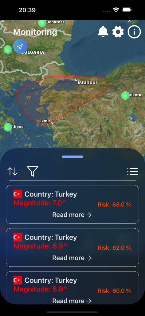 GeoQuake app screen displaying a seismic monitoring map of Turkey with earthquake magnitude and risk statistics