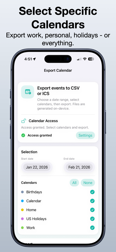 Export Calendar - CSV & ICS - iPhone app screen showing options to select specific calendars and date ranges for CSV and ICS export.