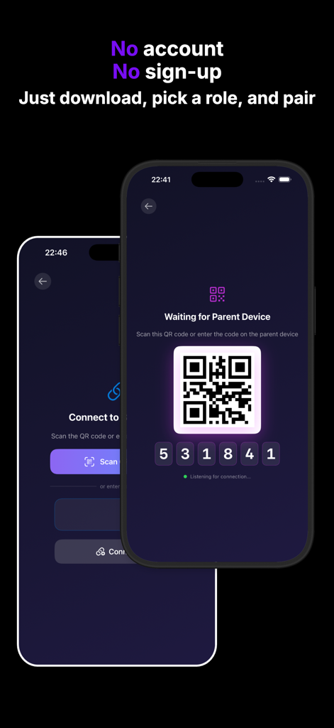 Slumberly - Baby Monitor - Setup screen for Slumberly baby monitor showing QR code and pairing pin for device connection without account creation