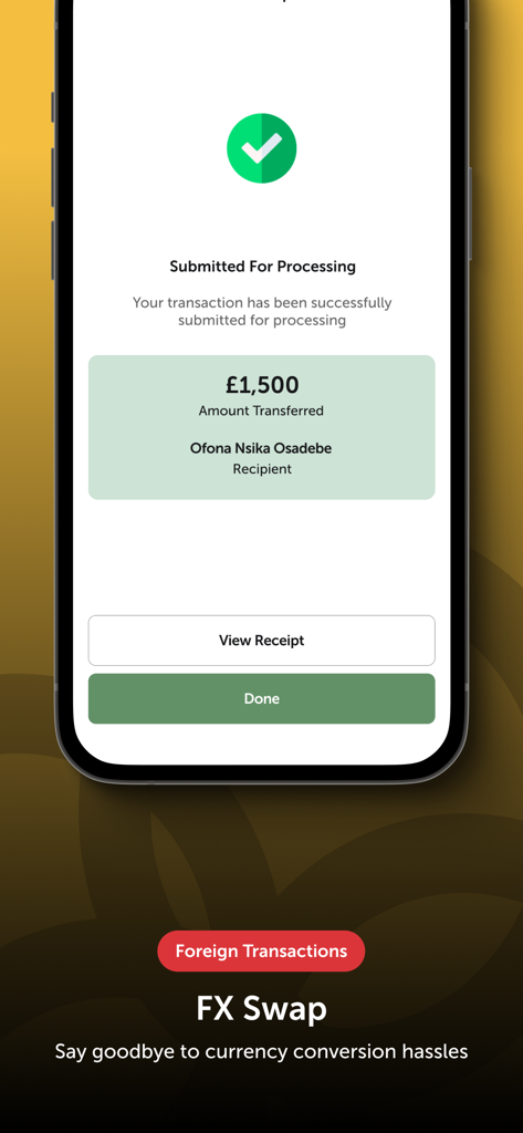 Sterling OneBank mobile app screen confirming a successful foreign currency transaction for 1500 pounds.