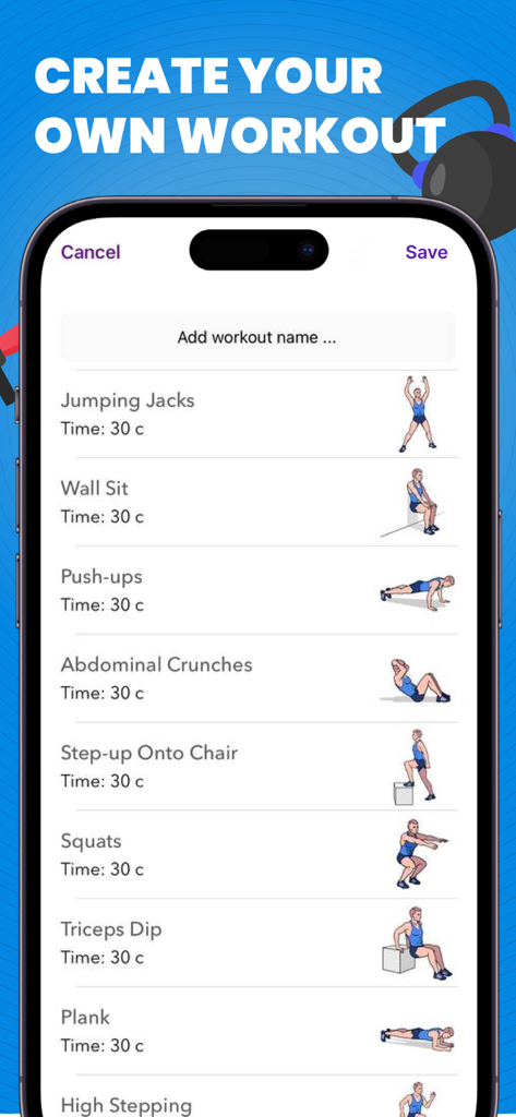 Home workout - muscle builder - Interface of the Home workout muscle builder app showing a list of bodyweight exercises to create a custom workout plan