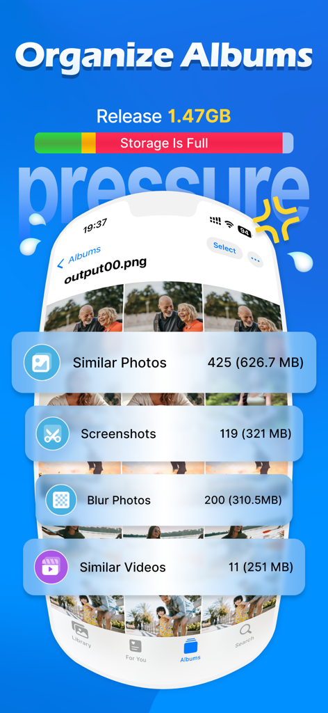 AI Assistant app screen showing photo categories like similar photos and screenshots to free up storage