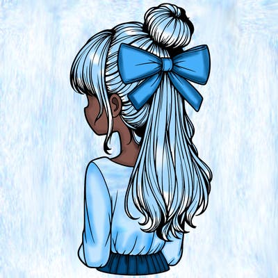 realistic girl  with hip length hair a bun and a big bow on the back of head