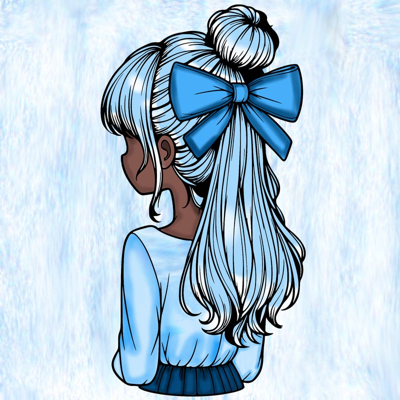 realistic girl  with hip length hair a bun and a big bow on the back of head