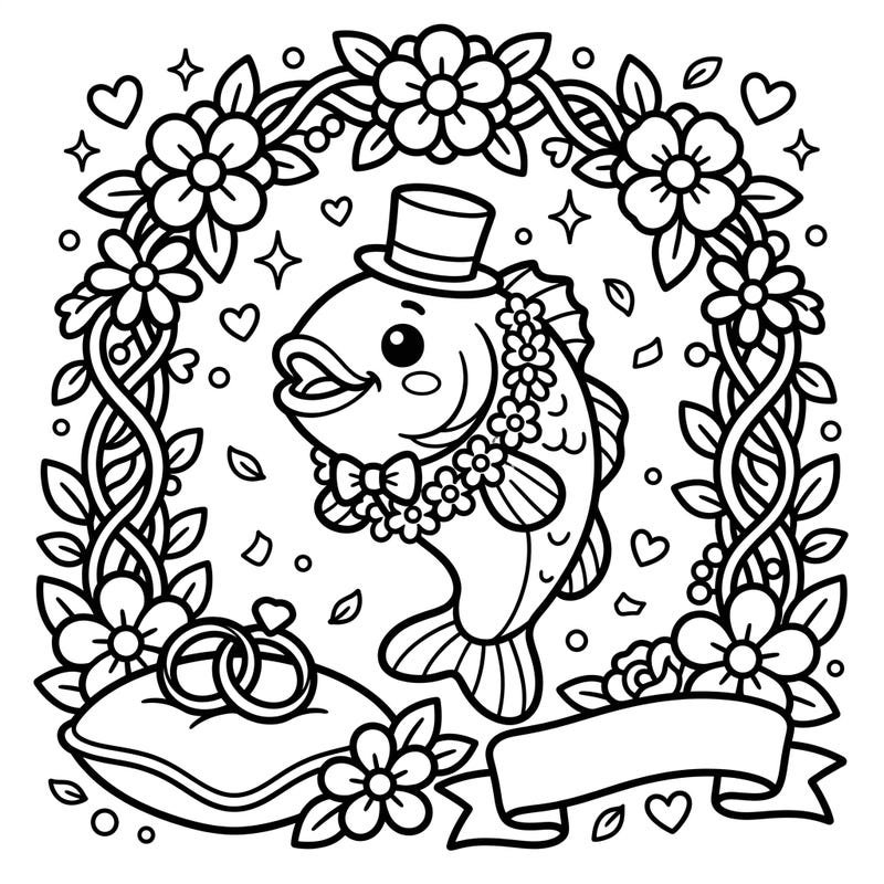 Dive into a world of adorable celebration with this Kawaii Bass Wedding coloring page, perfect for anyone who loves cute designs and special occasions. This charming illustration features a delightful bass fish ready for its big day, surrounded by romantic elements.
