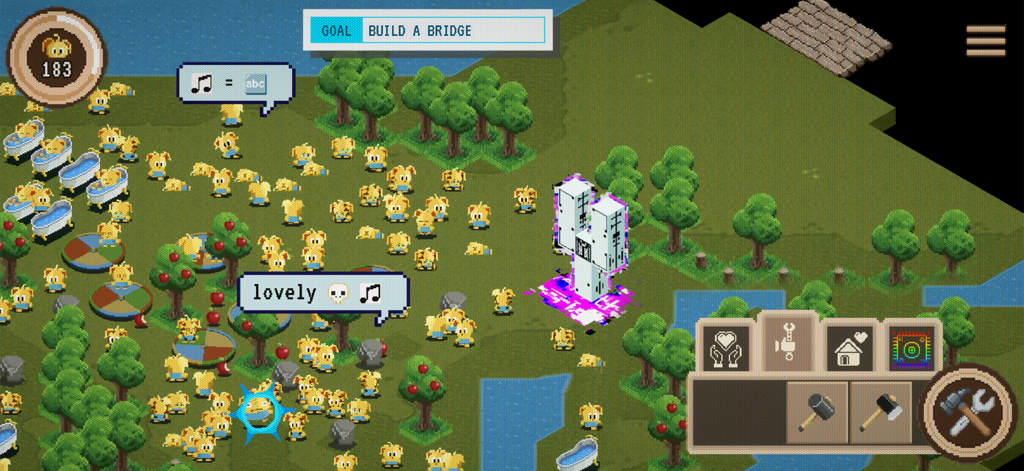 Black Mirror: Thronglets - Jugabilidad isométrica de pixel art que muestra un enjambre de criaturas amarillas en un campo con estructuras con fallos y un menú de construcción.