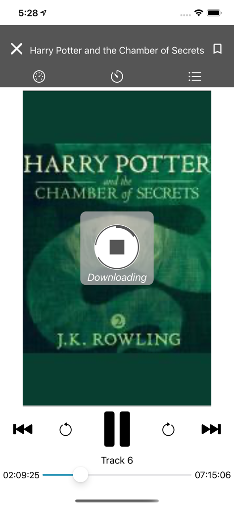 CloudLibrary app audiobook player showing a download for Harry Potter and the Chamber of Secrets