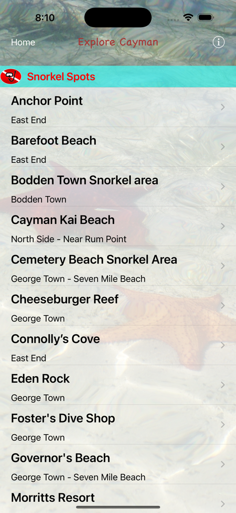 A list of snorkeling locations in Grand Cayman including Eden Rock and Cemetery Beach displayed in the Cayman Snorkel app.